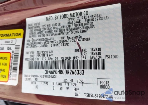 2013 Ford Fusion Se из США, поврежденный, VIN 3FA6P0H90DR266333